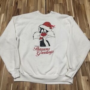 Vintage Looney Tunes Christmas Sweatshirt Womens XL White Sylvester Holiday‎ 80s